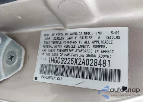 2002 Honda Accord 3.0 Ex z USA, uszkodzony, nr VIN 1HGCG225X2A028481